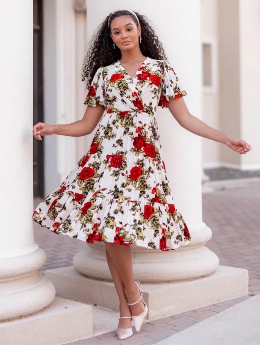JessaKae Isabella Velvet Red Rose Floral Tiered Midi Dress Small